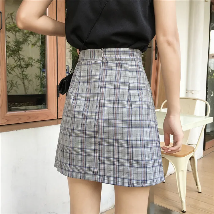 Korean High Waist A-Line Skirt Women Summer Chequered Student College All-Matching Skirt