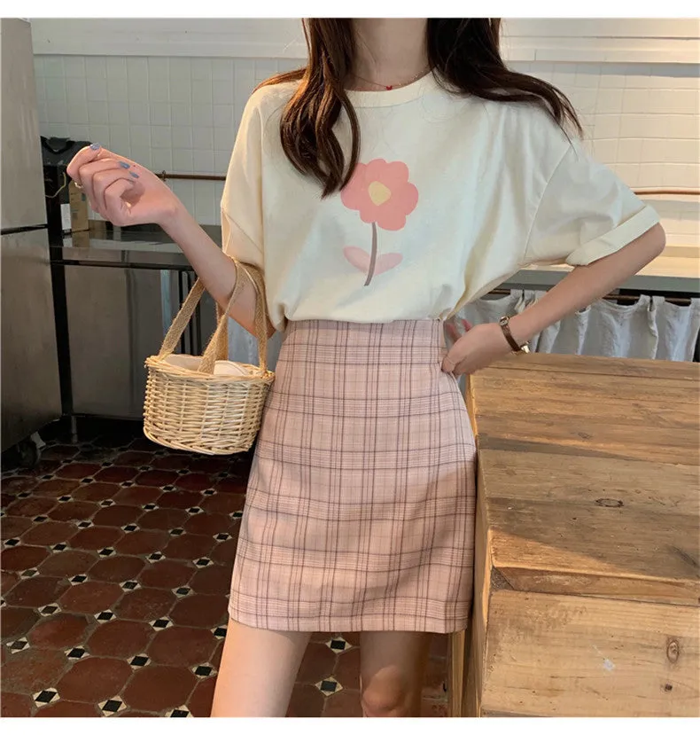 Korean High Waist A-Line Skirt Women Summer Chequered Student College All-Matching Skirt