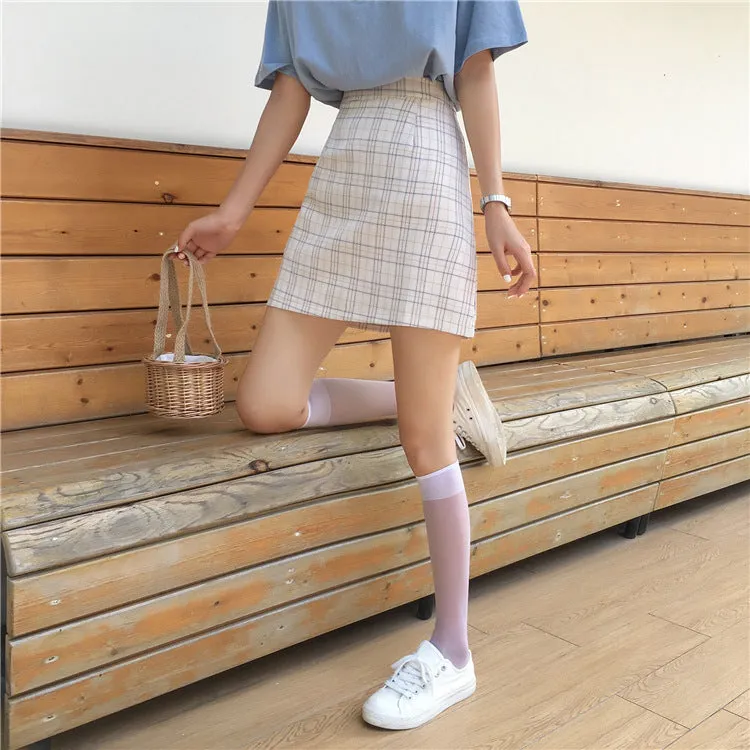 Korean High Waist A-Line Skirt Women Summer Chequered Student College All-Matching Skirt