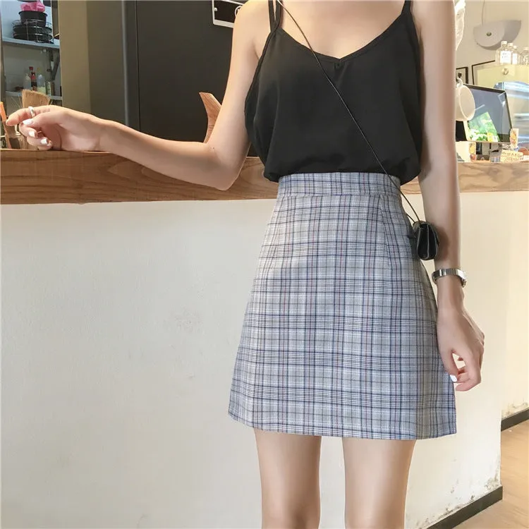 Korean High Waist A-Line Skirt Women Summer Chequered Student College All-Matching Skirt