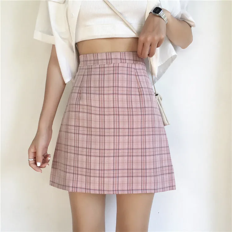 Korean High Waist A-Line Skirt Women Summer Chequered Student College All-Matching Skirt