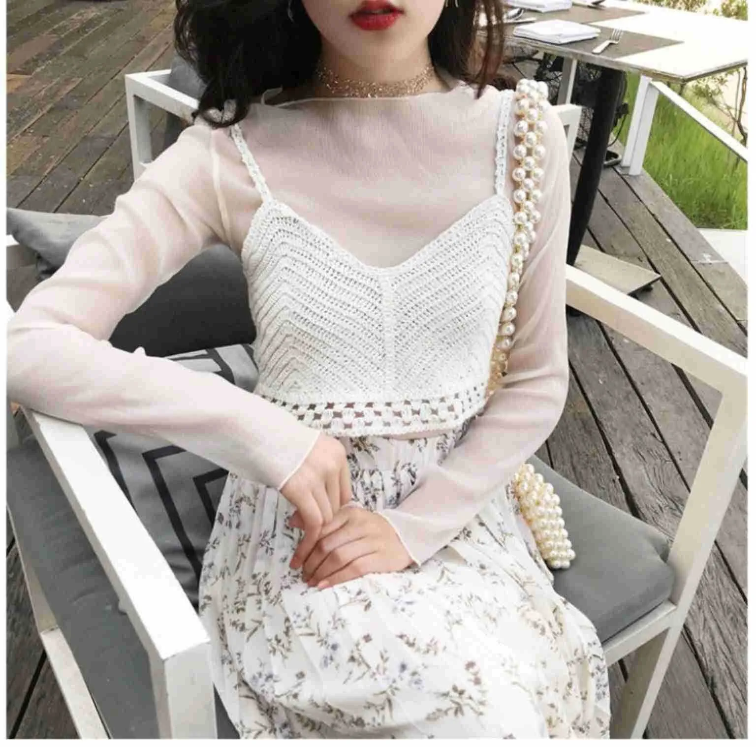 Korean Women See Through  Sexy Loose Short Tops Slim Look Sweater Camisole Camisole