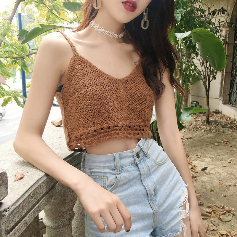 Korean Women See Through  Sexy Loose Short Tops Slim Look Sweater Camisole Camisole