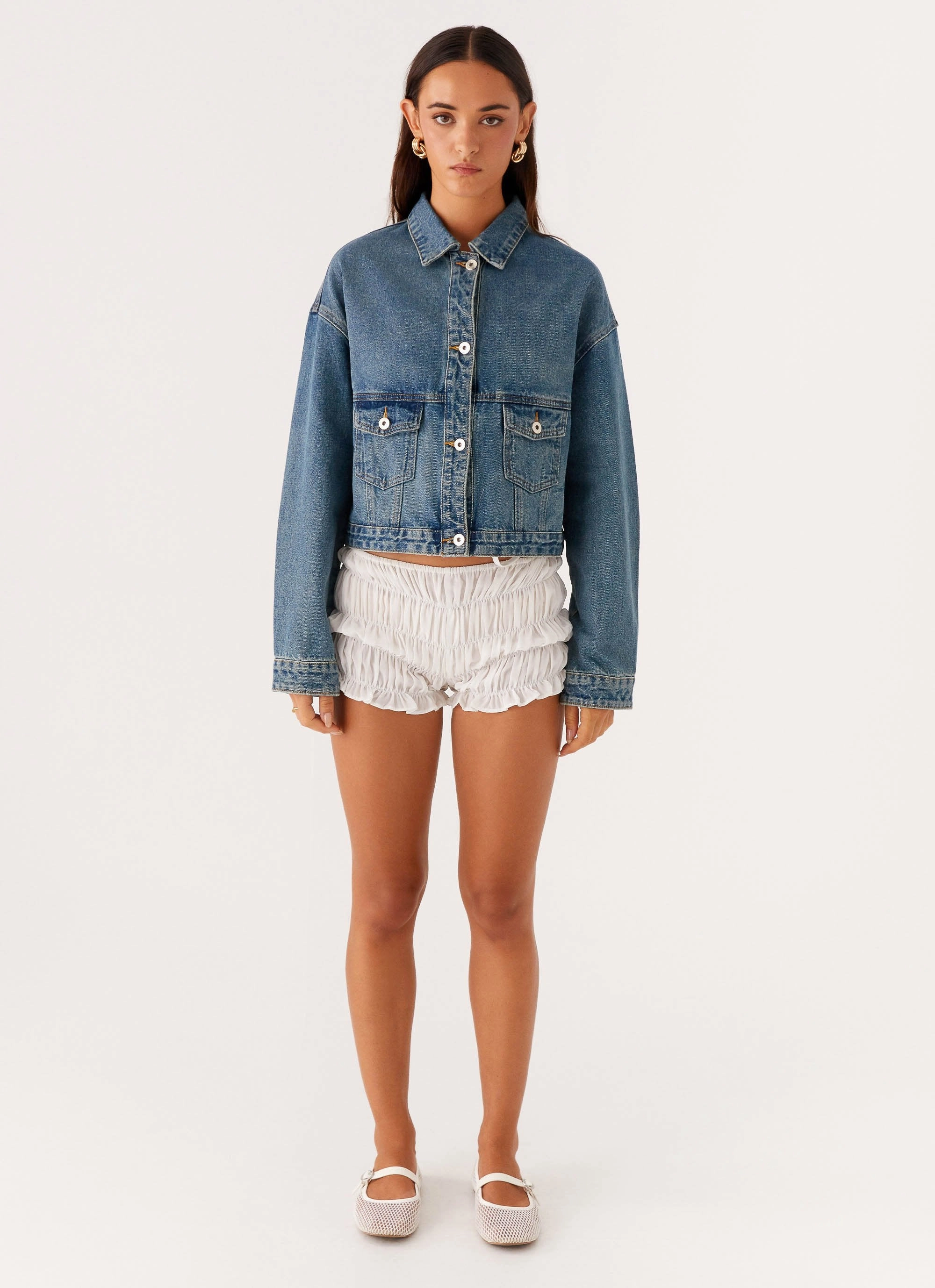 Utility Pockets Classic Cut Kristy Oversized Denim Jacket - Blue