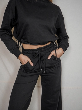 Kylie Black Cropped Tie Sweatshirt Double Stitched Seams Kylie Black Cropped Tie Sweatshirt Leisure Wear Floral Motif