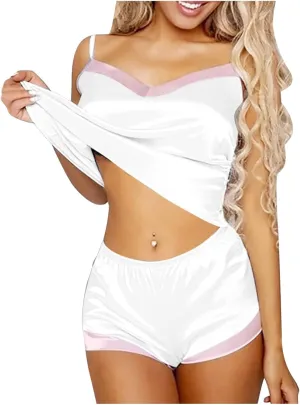 Lace Silk Satin Pajamas Sets Women Sexy Cami and Shorts Nightwear Sleeveless Sling and Shorts Ladies Pj Set Nightwear