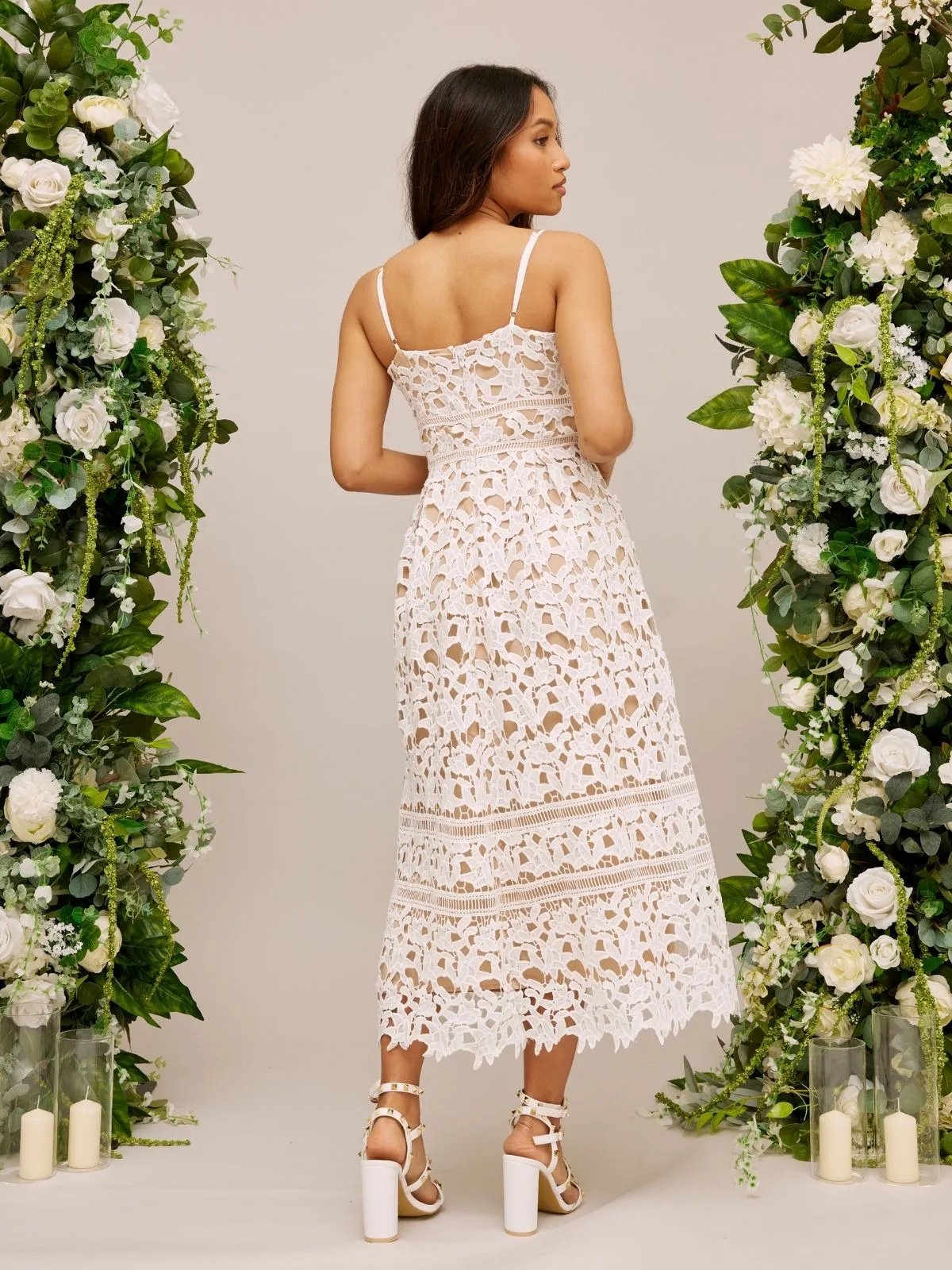 Lace Strappy Midi Bridal Dress / White Minimal Fit foldable