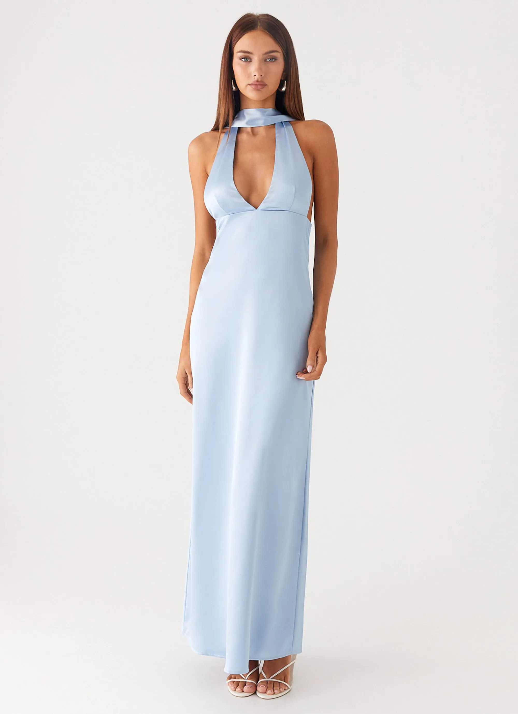 Alicia Satin Halter Maxi Dress - Baby Blue Soft Material Contrast Stitch