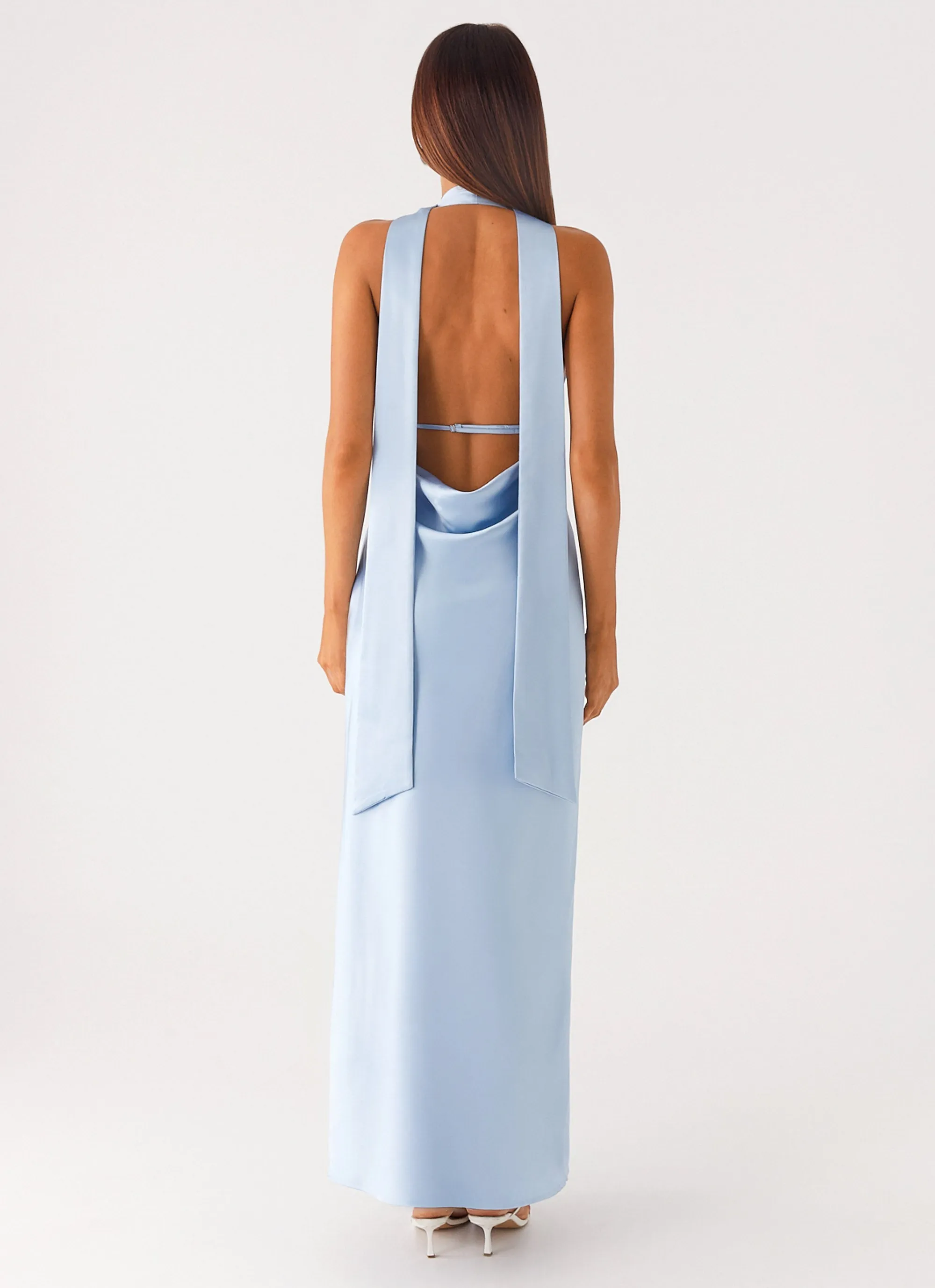 Alicia Satin Halter Maxi Dress - Baby Blue Mountain Retreat
