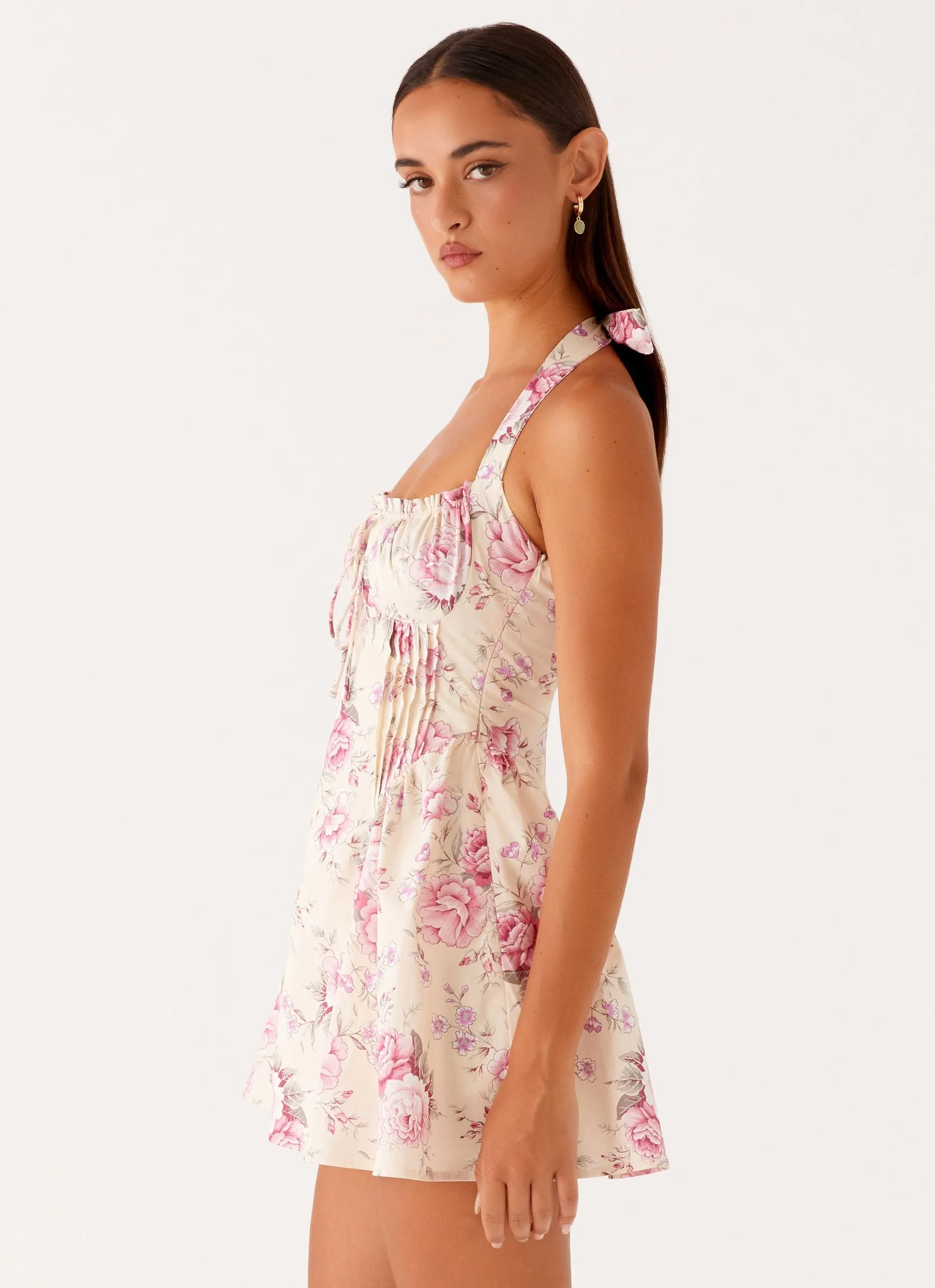 V-Neck Rosalie Halter Mini Dress - Vintage Pink Floral