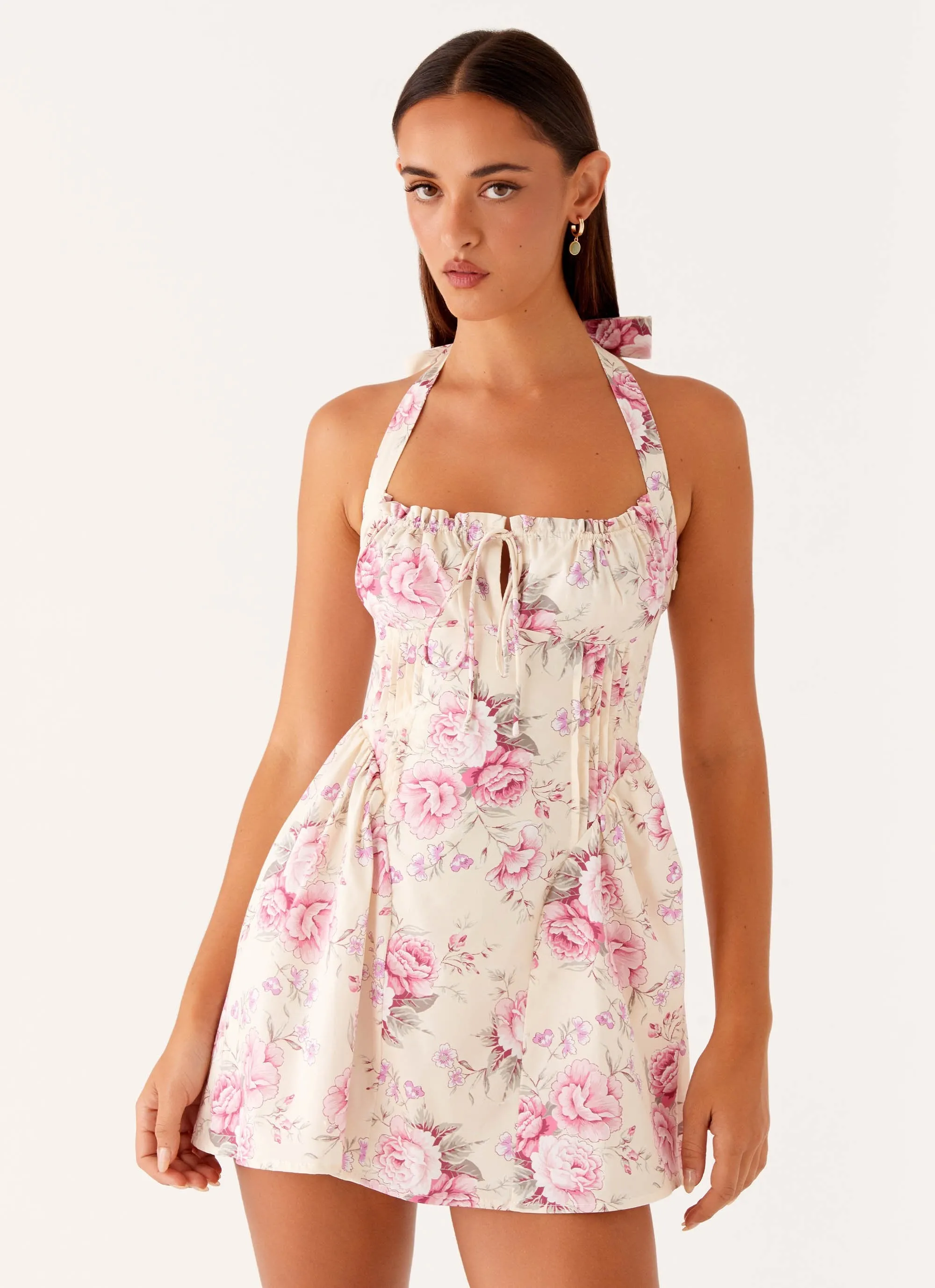 Travel-friendly Camouflage Style Rosalie Halter Mini Dress - Vintage Pink Floral