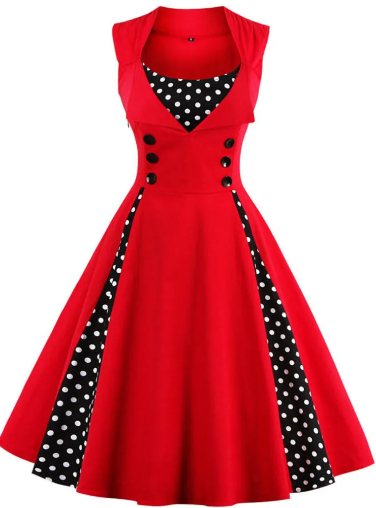 Ladies Red A Line Women Dress Polka Party Evening