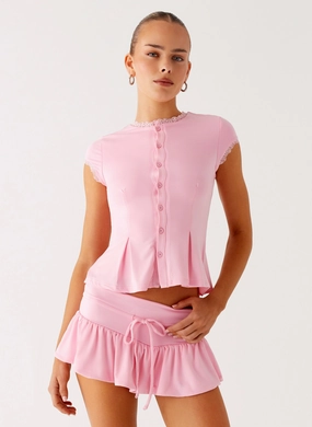 Landon Button Up Top - Pink Microfiber Blend Taped Edges