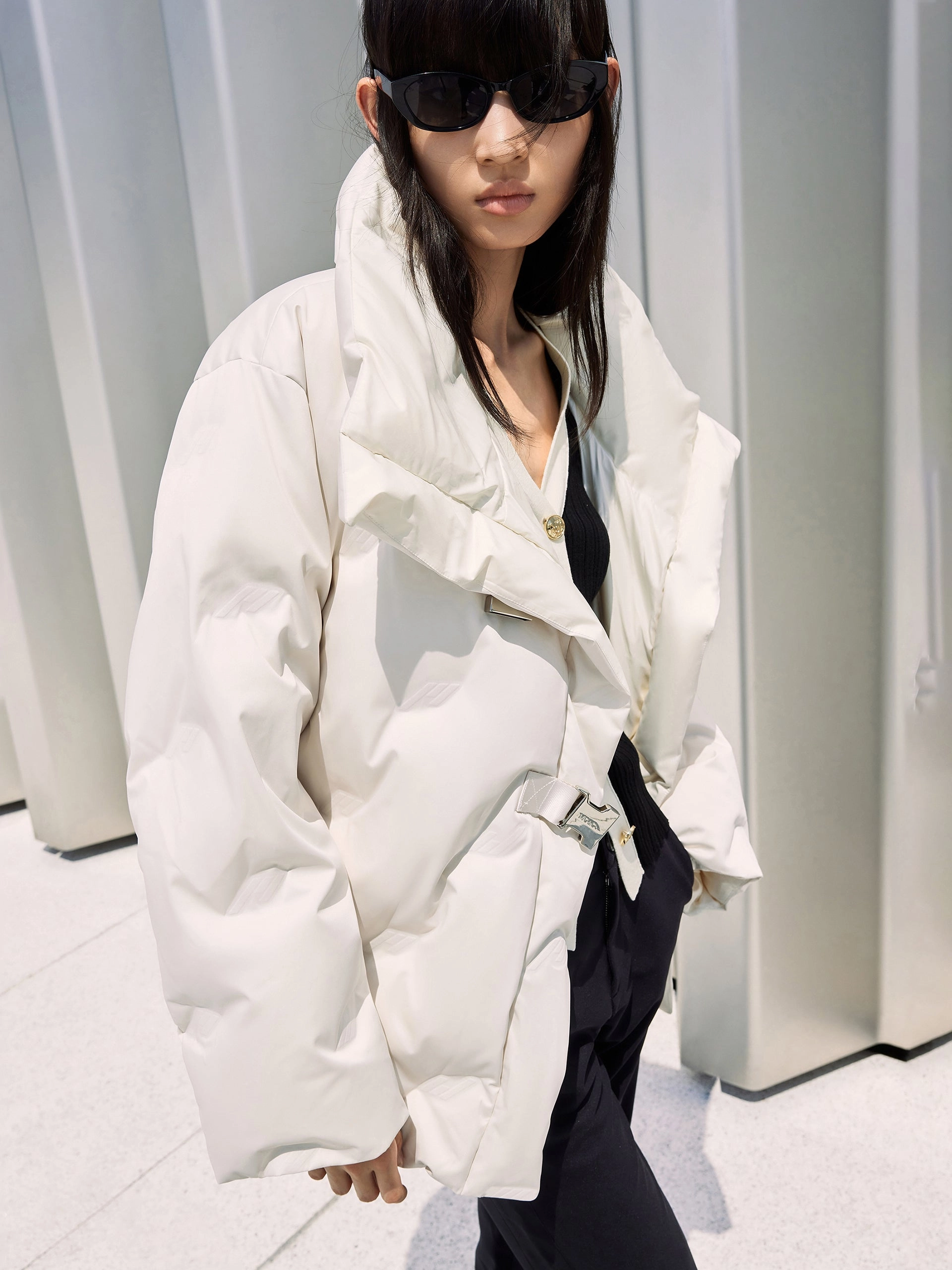 Lapel Collar Down Jacket with Adjustable Belts