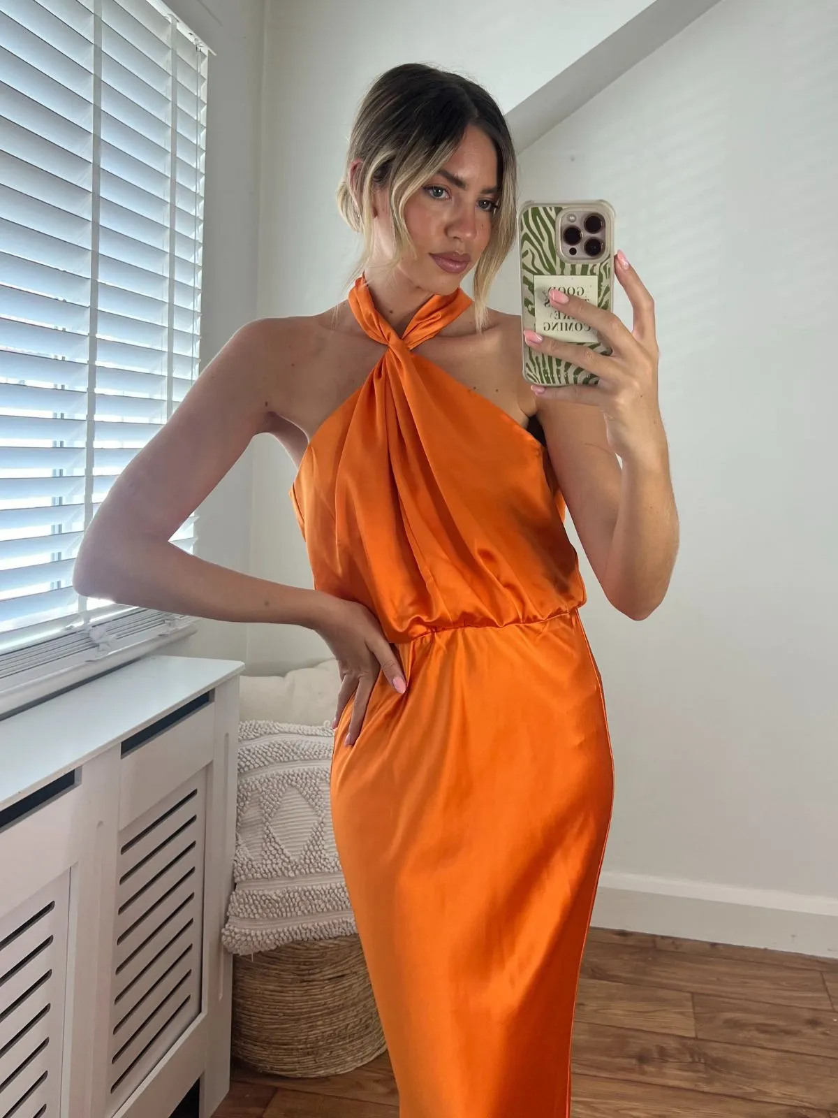 Effortless Waist Design Lara Halter split Column Dress / Tangerine