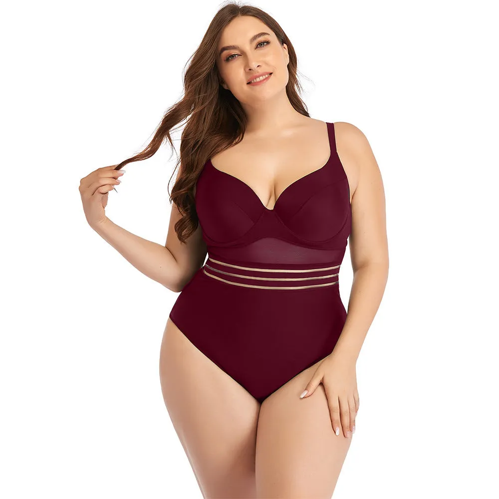 Large Size Swimsuit Women's One-Piece Plus Fat Mesh Hollow Plain Color