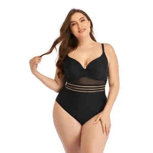 Large Size Swimsuit Women's One-Piece Plus Fat Mesh Hollow Plain Color