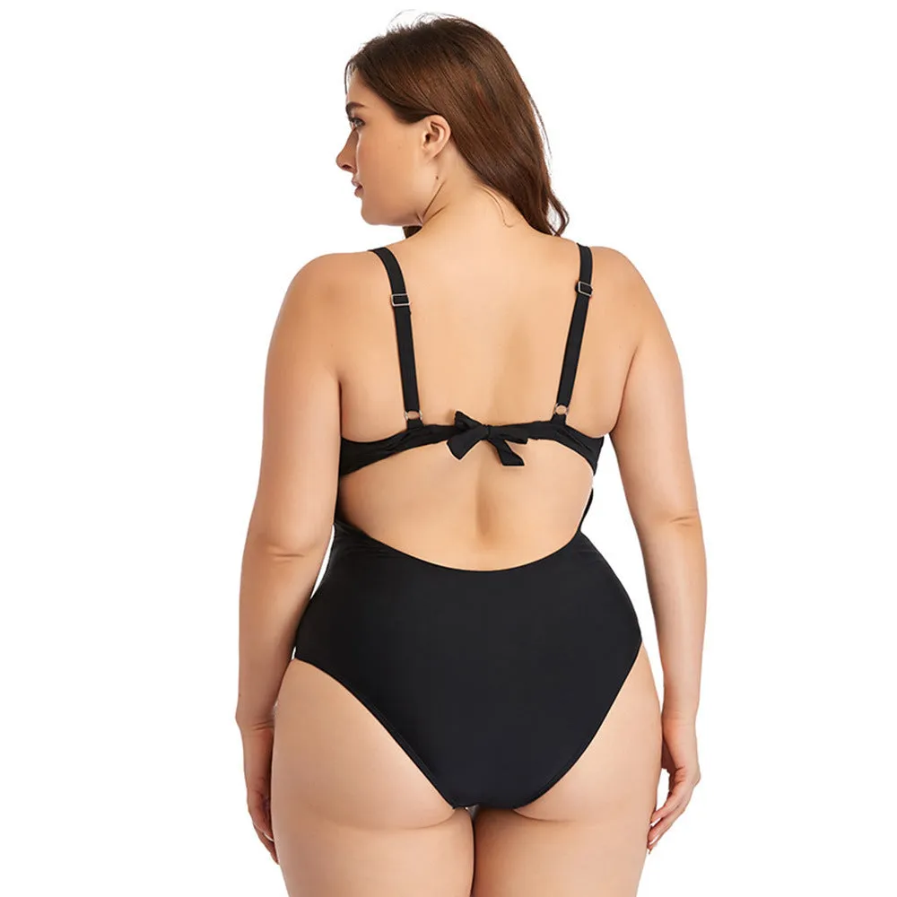 Large Size Swimsuit Women's One-Piece Plus Fat Mesh Hollow Plain Color