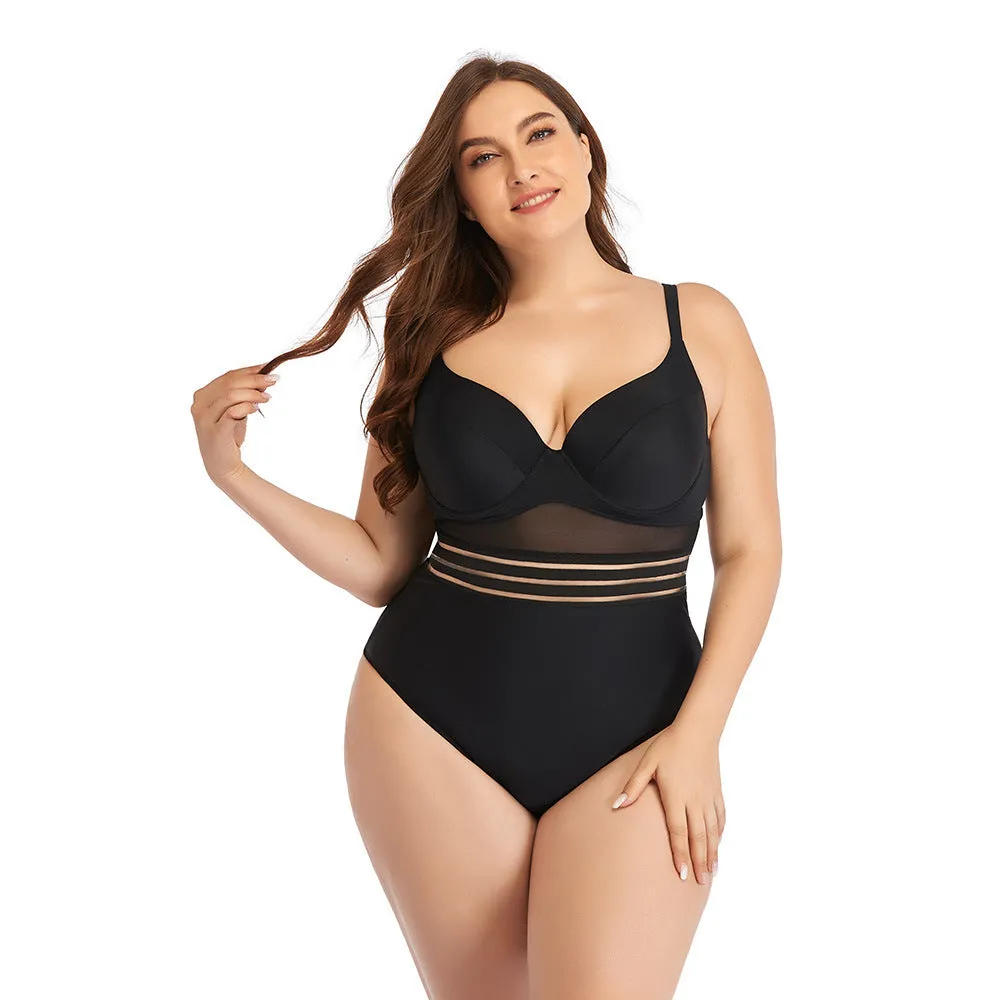 Large Size Swimsuit Women's One-Piece Plus Fat Mesh Hollow Plain Color