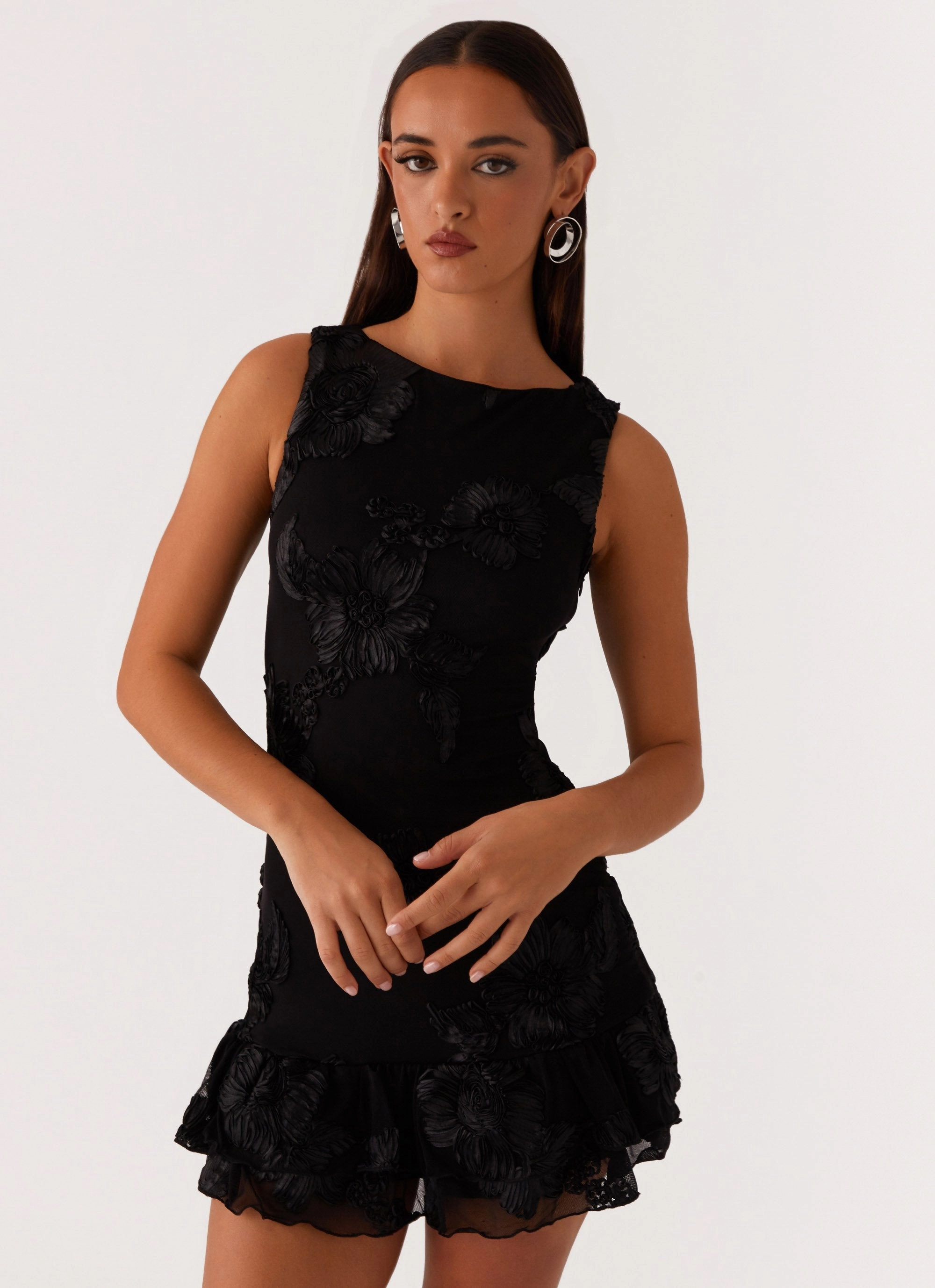 Last Dance High Neck Mini Dress - Black Ruffle Hem