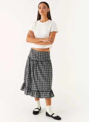 Laura Midi Skirt - White Black Check Non Irritating Seams Wardrobe Basics Artisanal Craft Laura Midi Skirt - White Black Check