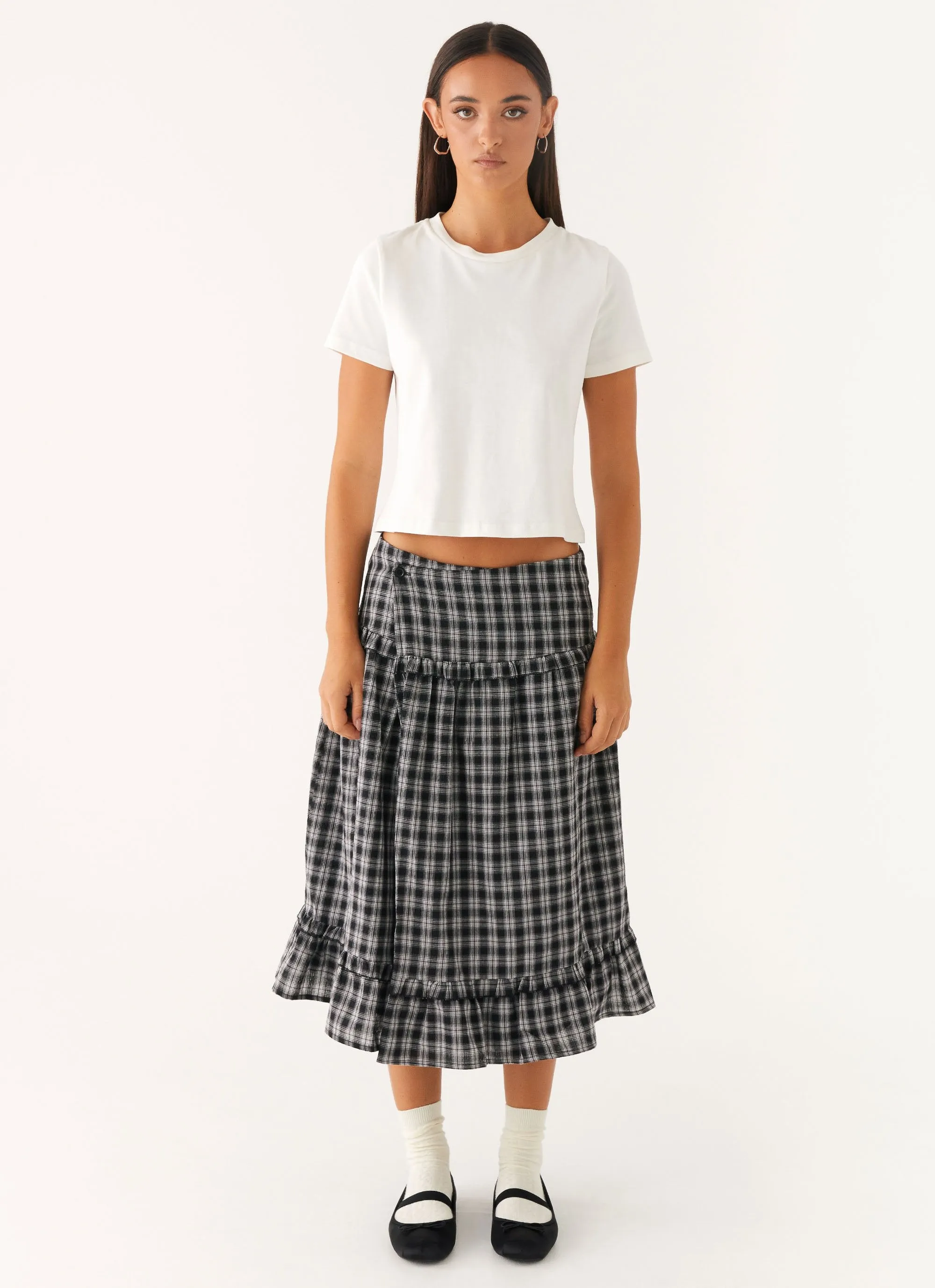 Shirred Back Laura Midi Skirt - White Black Check