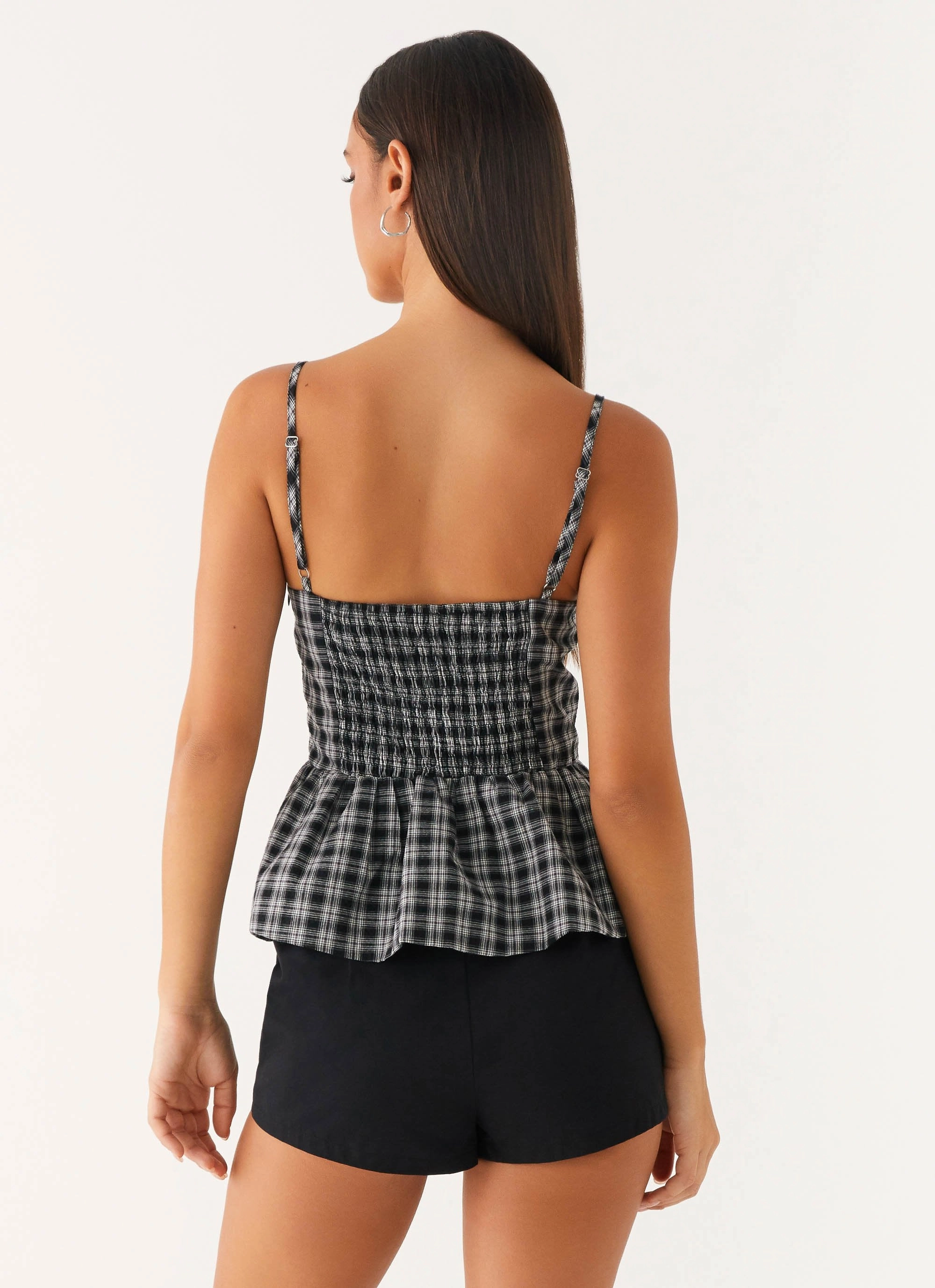 Laura Top - White Black Check Elastic Hem Adjustment