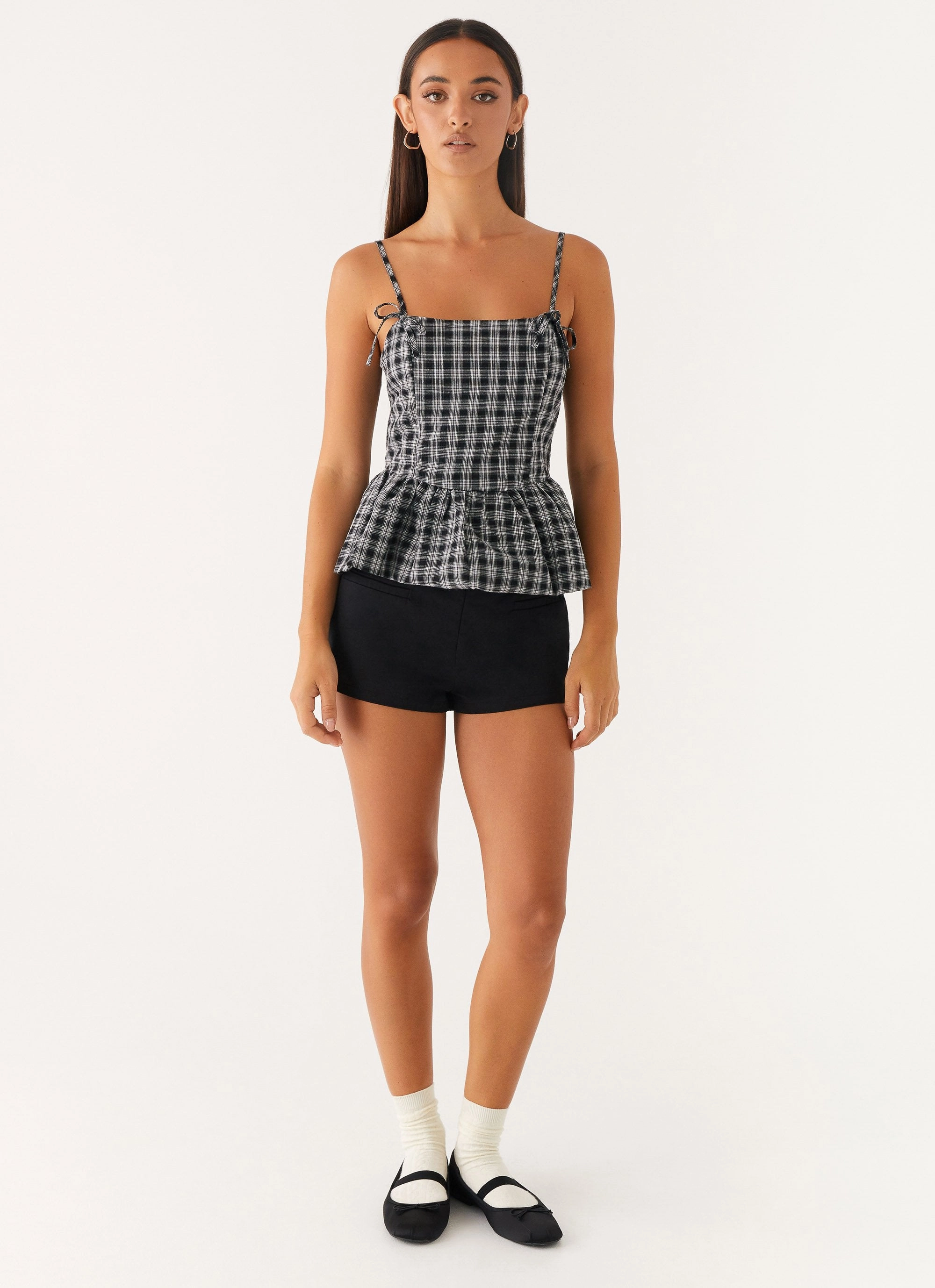 Laura Top - White Black Check High Collar Structure