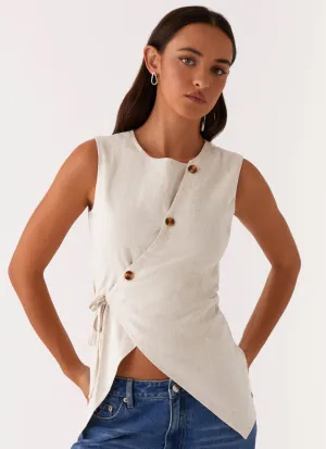 Layered Hem Finish Runaway Button Tie Vest - Oatmeal Wrinkle Free Texture Runaway Button Tie Vest - Oatmeal