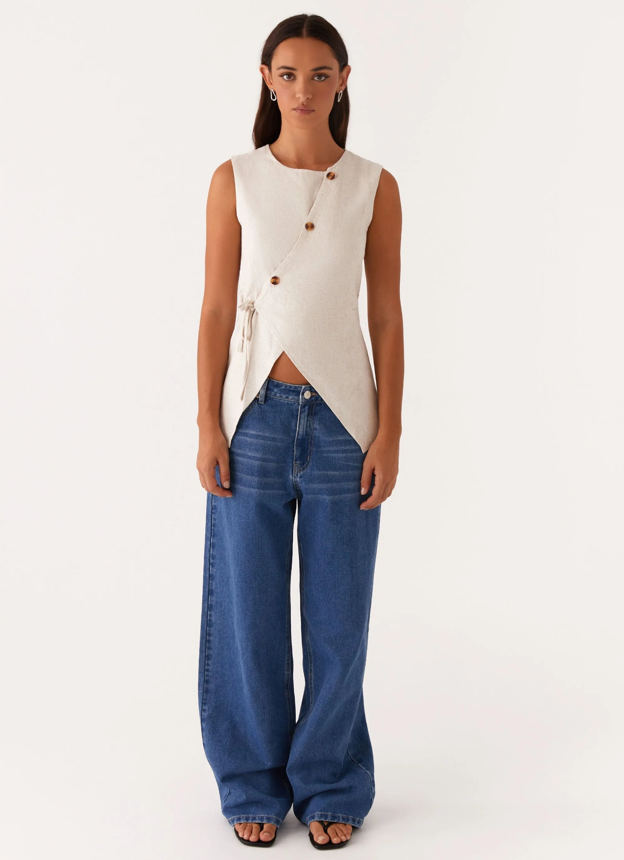 Fashionable Tank casual top Runaway Button Tie Vest - Oatmeal