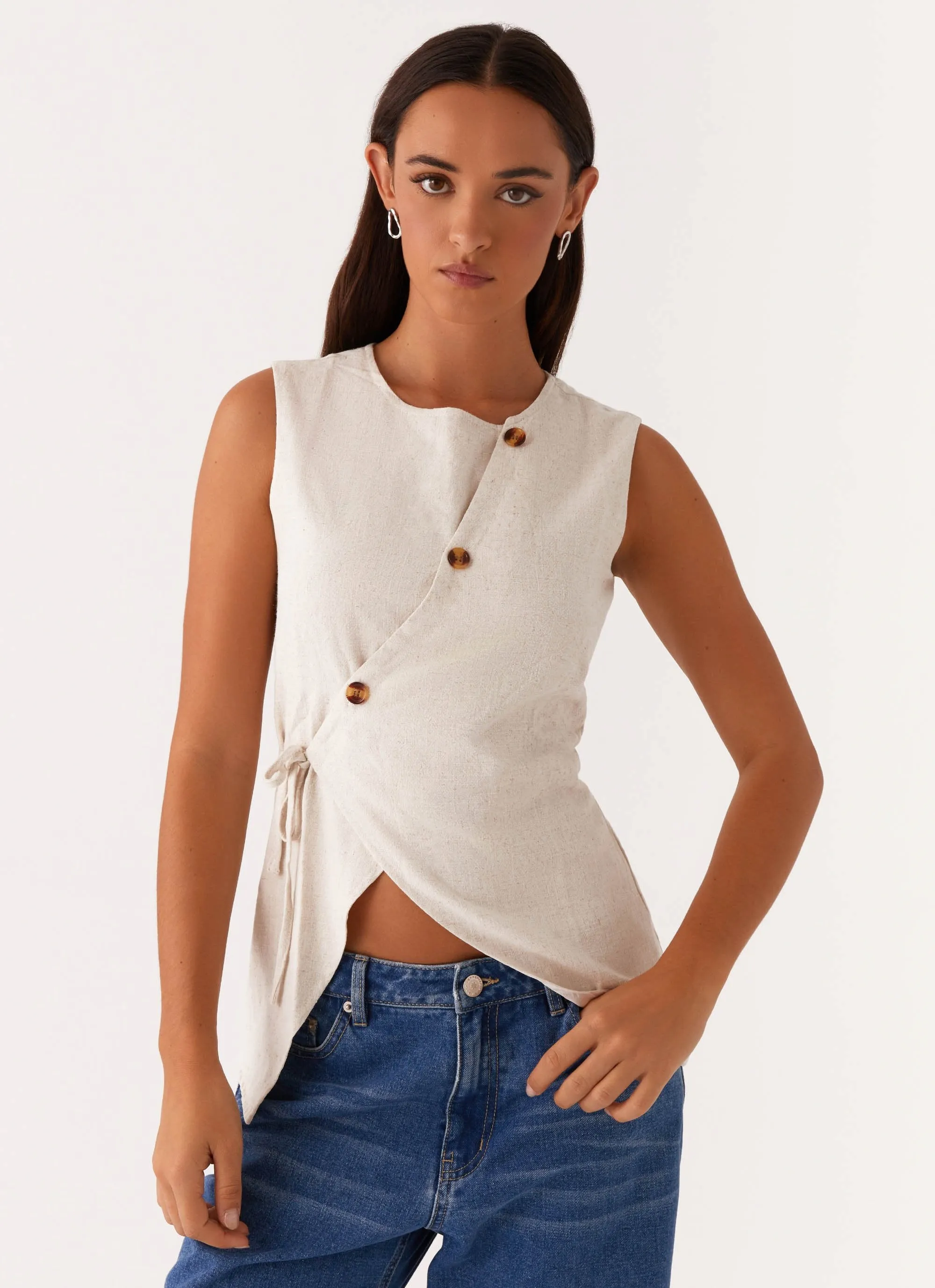 Ultra Soft Handfeel Runaway Button Tie Vest - Oatmeal