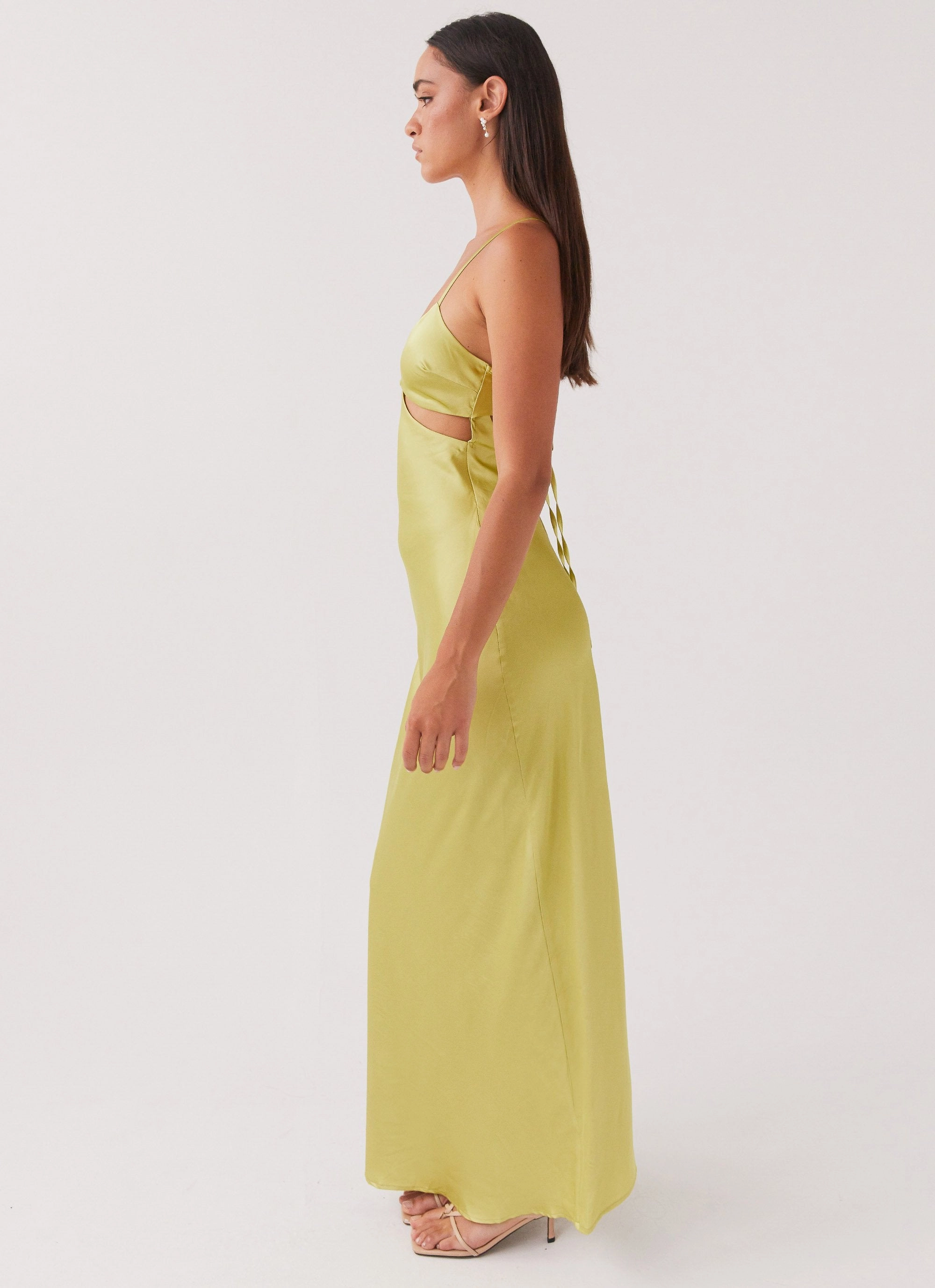Piped-Edge Elegant Mature Raylie Cut Out Maxi Dress - Chartreuse