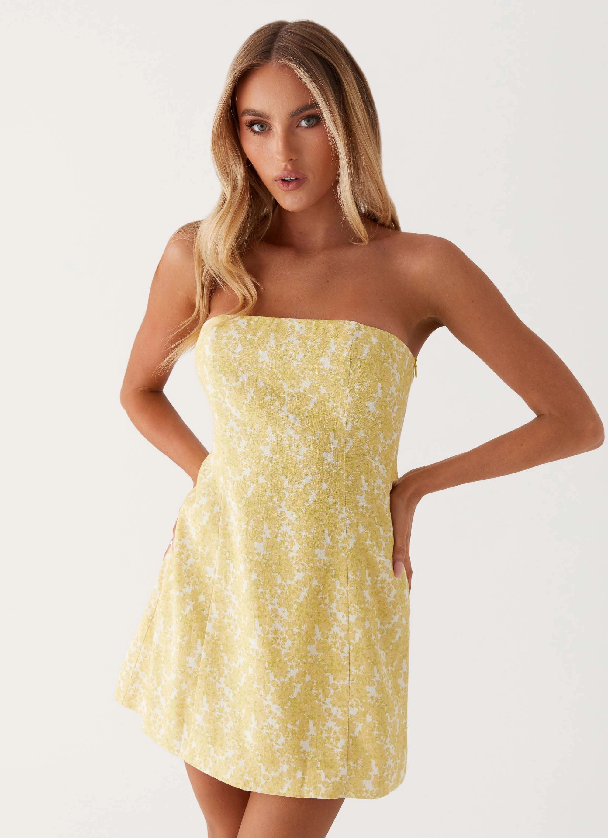 Petite friendly Work or Casual Livvy Strapless Mini Dress - Yellow Floral