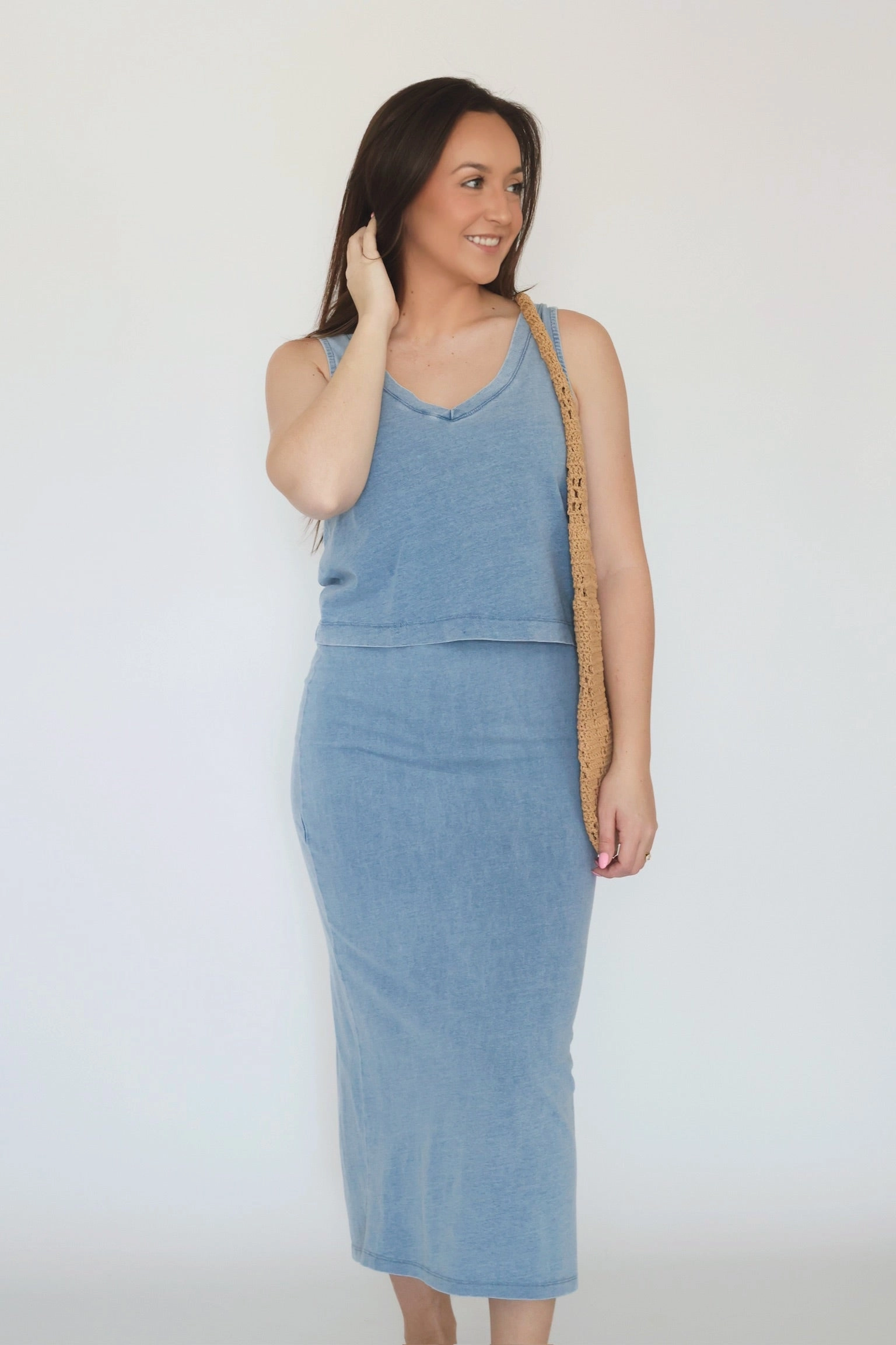 DurableBlend Microfiber Blended Fabric Sloane V-Neck Denim Tank - Medium Indigo