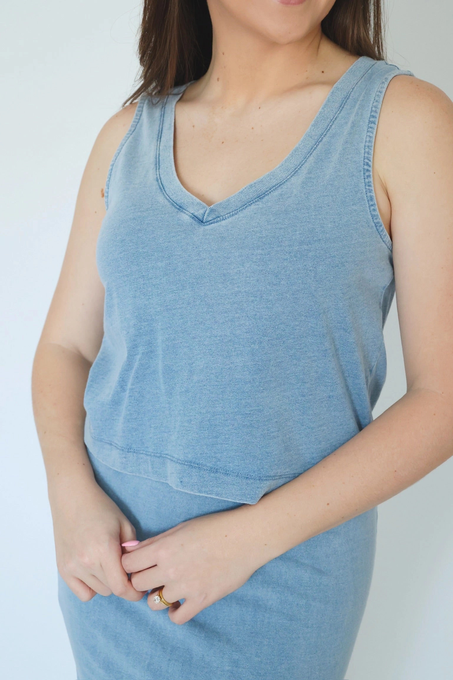 Sloane V-Neck Denim Tank - Medium Indigo Reflective Safety Trim