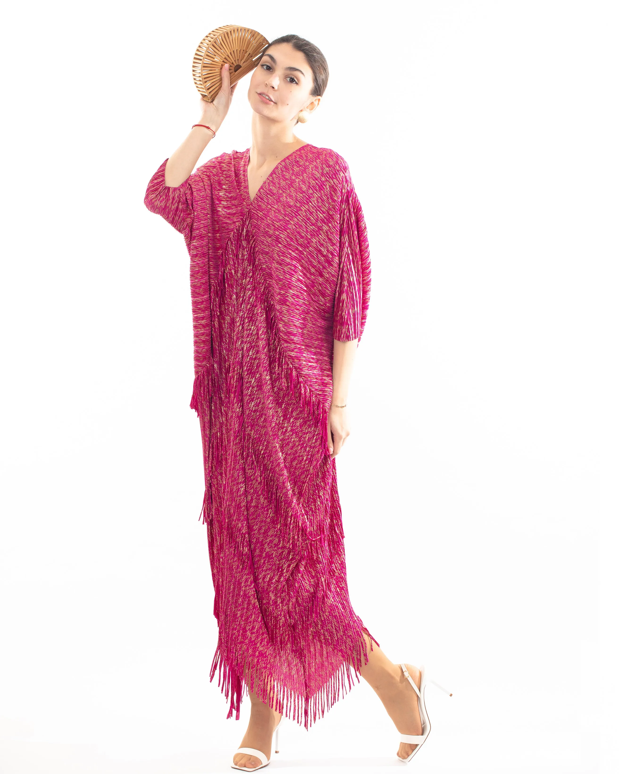 Layers Multi Fringed Tassel Pleated Midi Dress in Purple