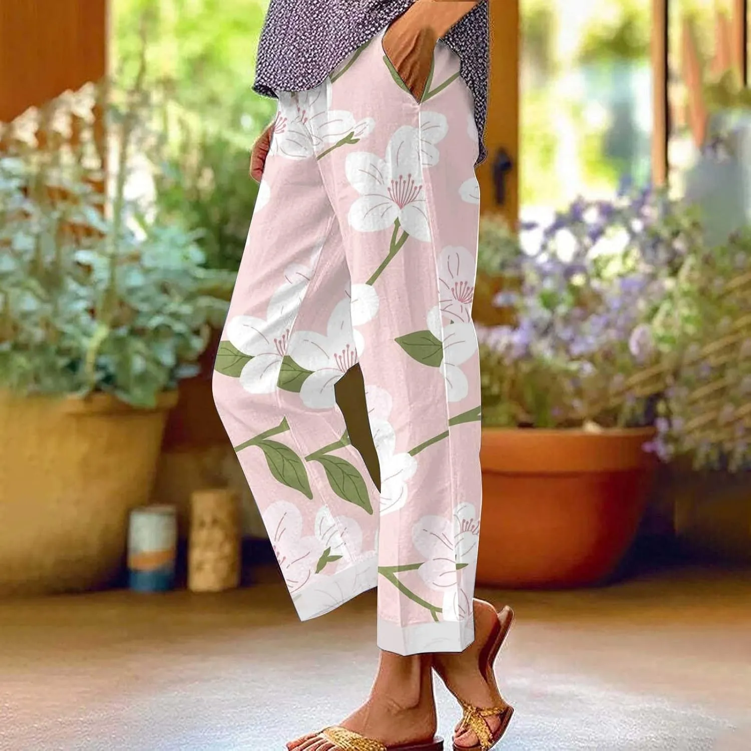 LCMTWX Beach Pants for Women Solid Elastic Pants Long Drawstring Linen Women Waist Cotton Casual Pants with Pockets Womens