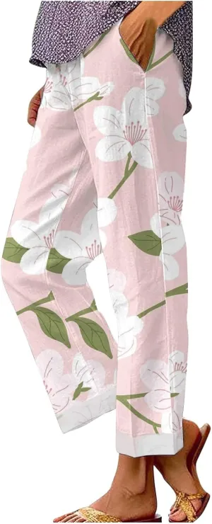 LCMTWX Beach Pants for Women Solid Elastic Pants Long Drawstring Linen Women Waist Cotton Casual Pants with Pockets Womens