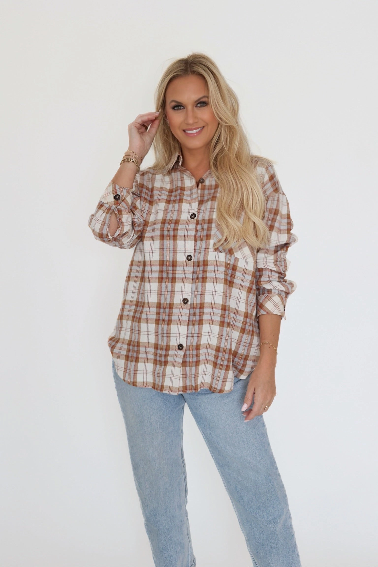Leah Plaid Shirt - Camel LightweightFabric Minimalist Detailing