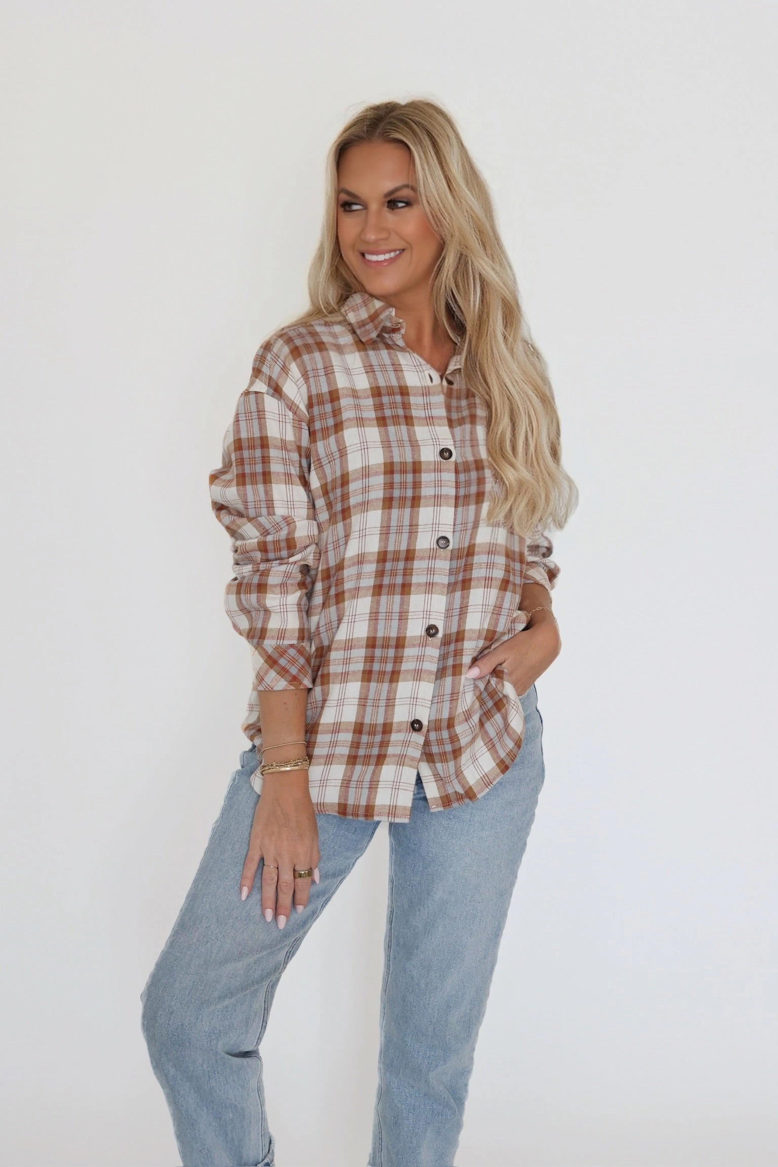 Temperature Control Fabric Durable Chainstitch Leah Plaid Shirt - Camel