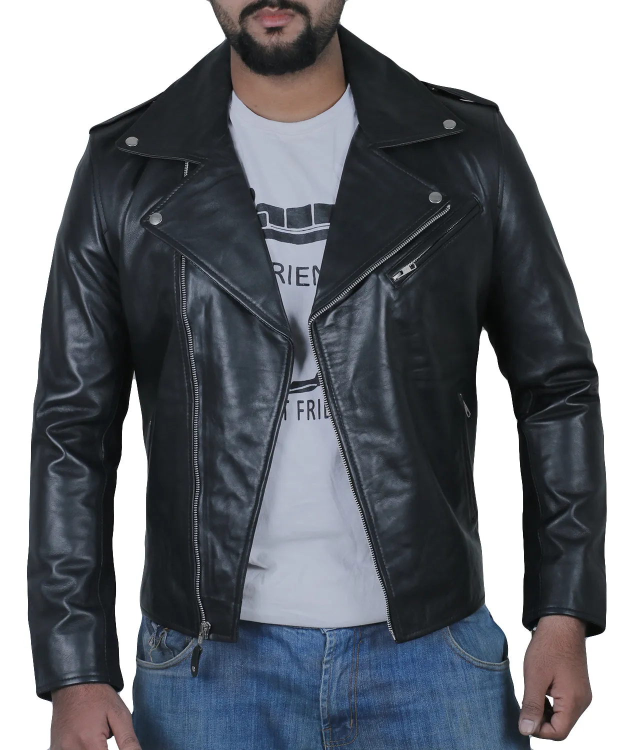 Leather Jackets Hub Mens Genuine Cowhide Leather Jacket (Black, Double Rider Jacket) - 1501546