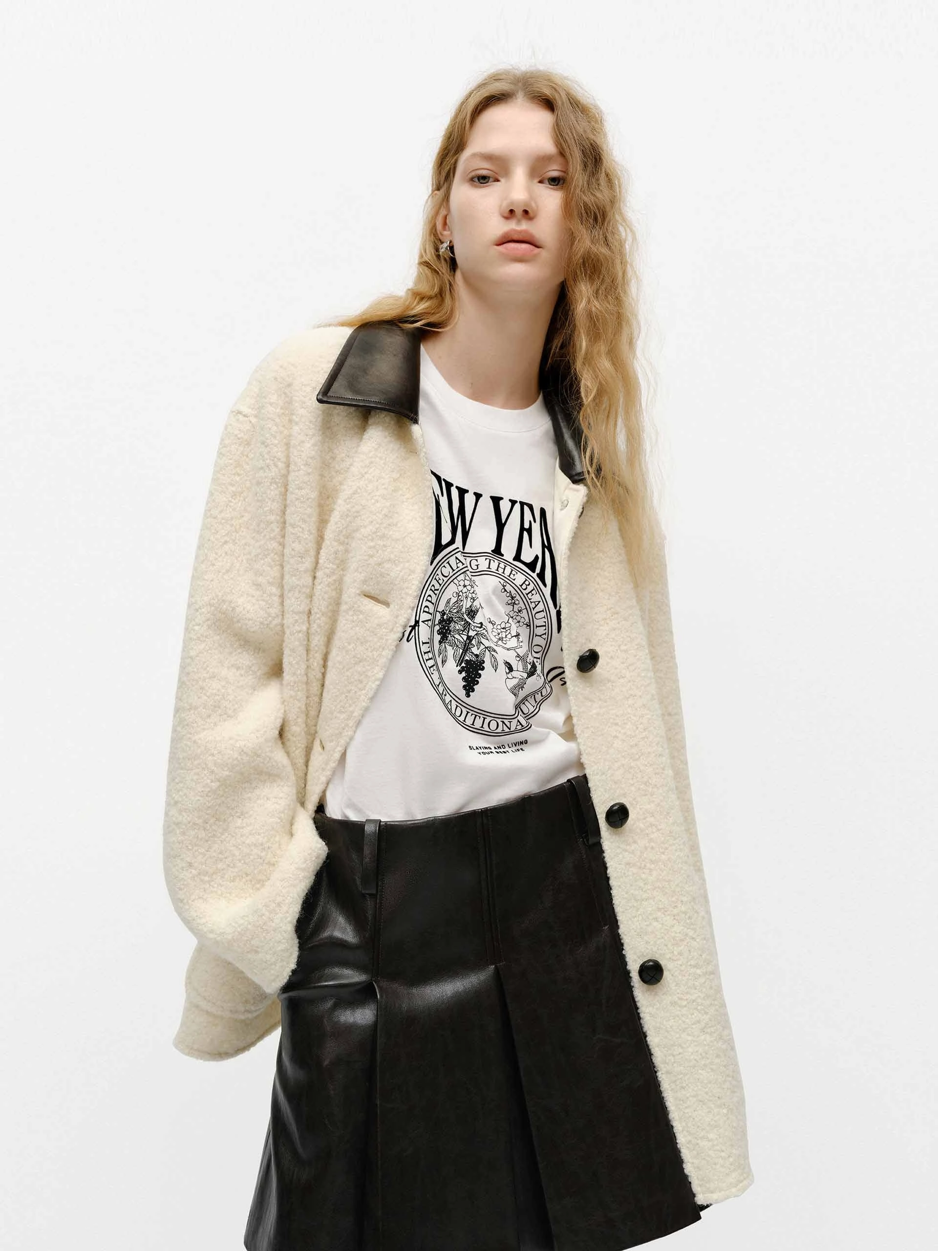 Leather Collar Midi Coat