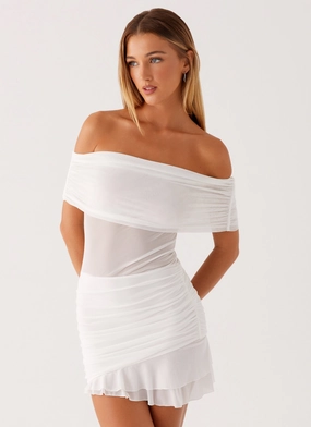 Nelly Off Shoulder Mini Dress - White Neutral Form Pearl-Detail
