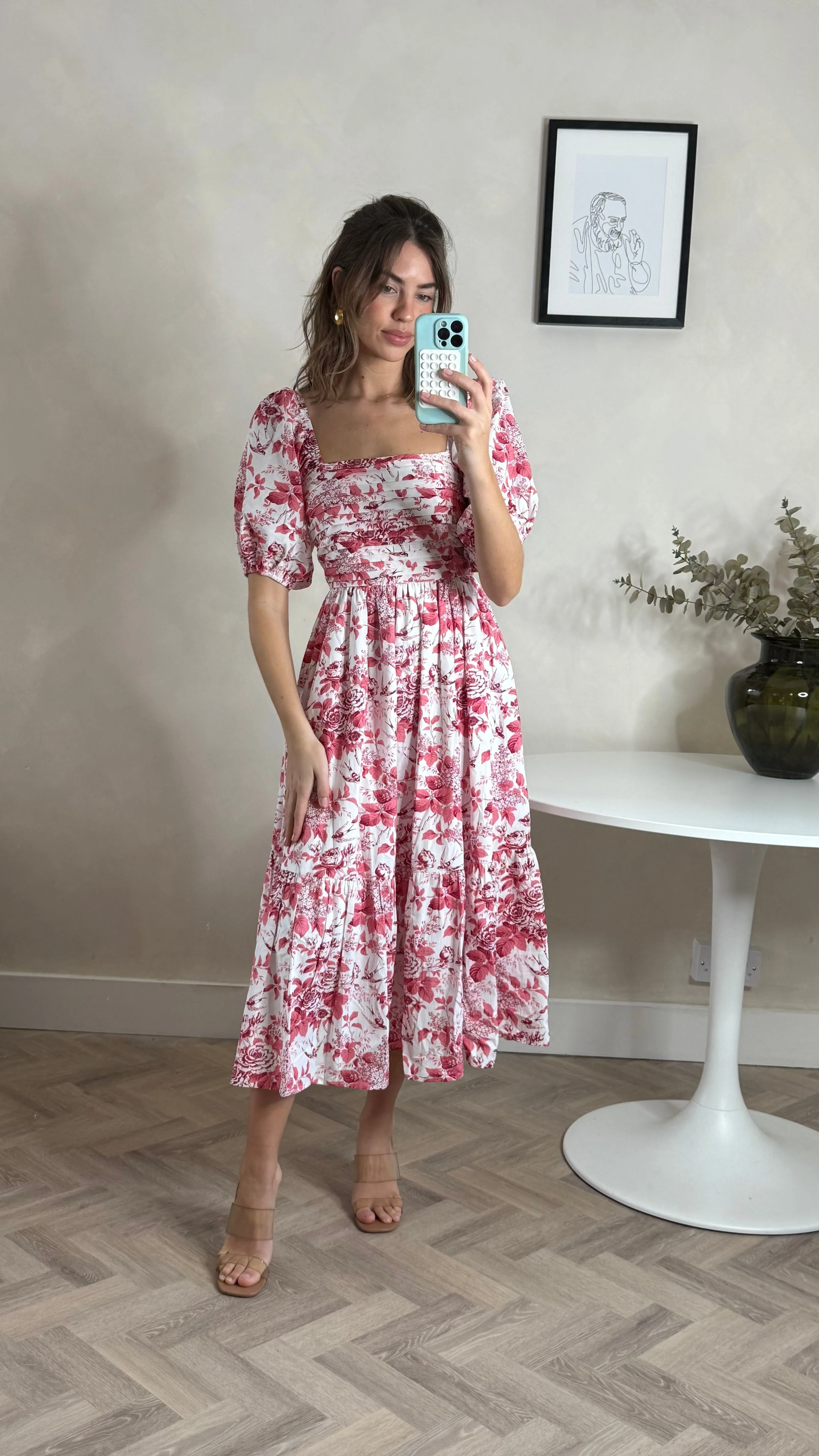 Simple Form Trendy wrap gown Leighton Puff Sleeve Midi Dress in Pink Floral