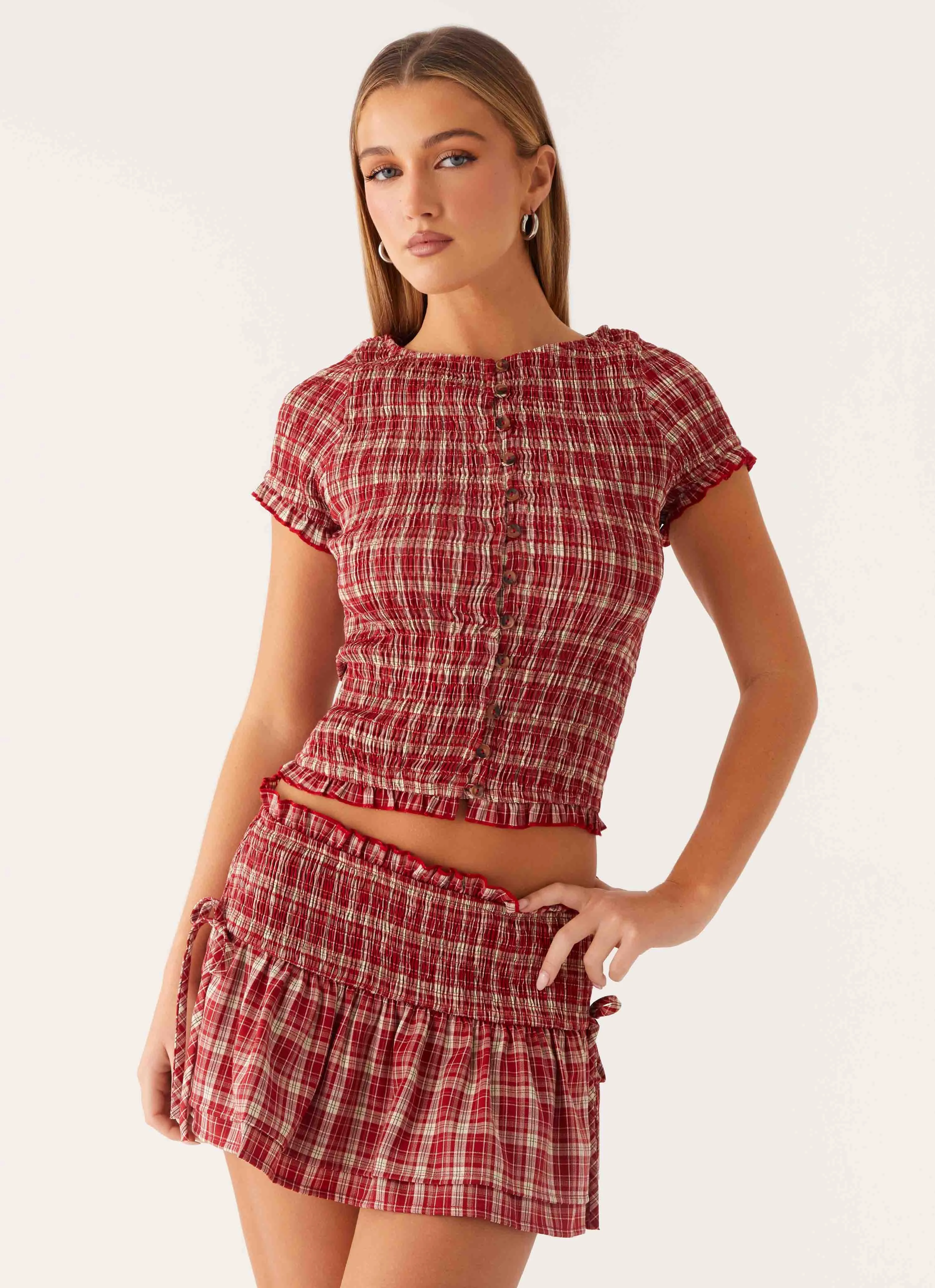 Lenore Mini Skirt - Ruby Check Designer Inspired
