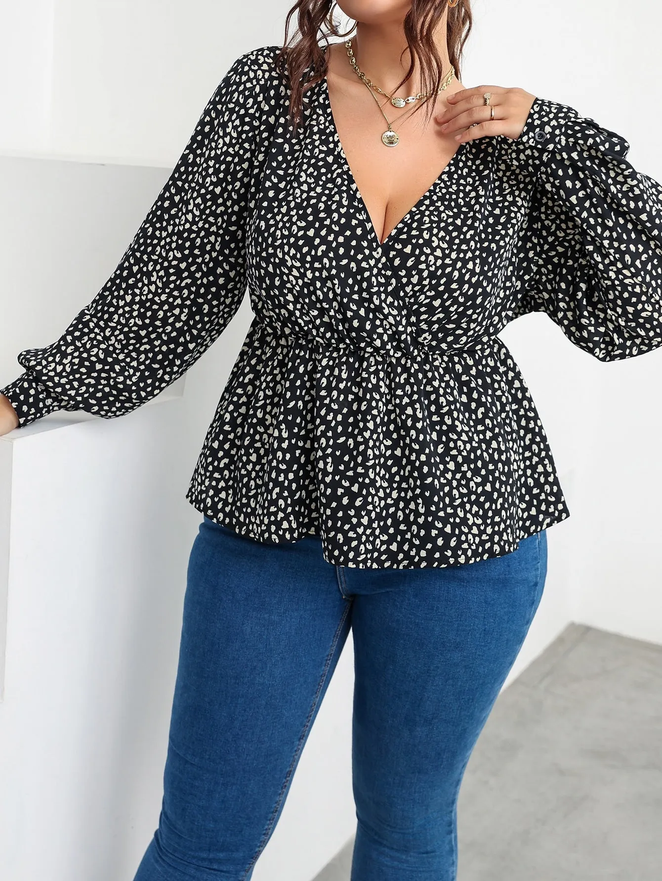 Leopard Wrap Long Sleeve Deep V Neck Flared Regular Plus Size Blouse