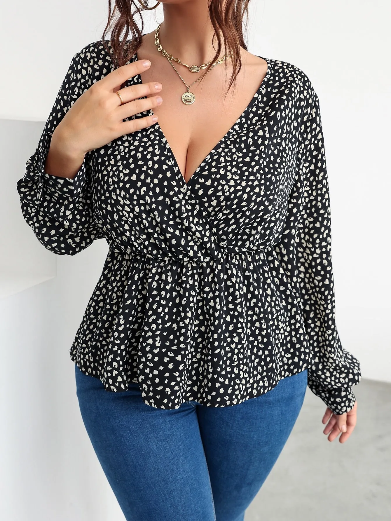 Leopard Wrap Long Sleeve Deep V Neck Flared Regular Plus Size Blouse