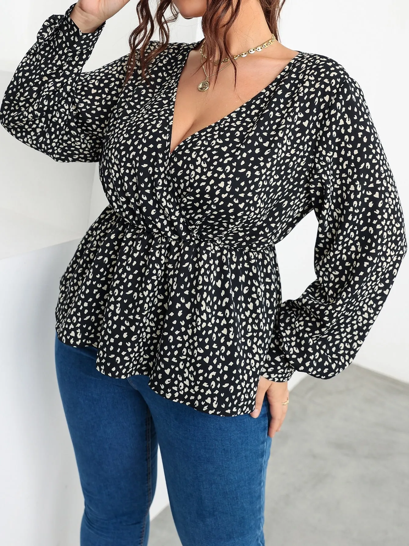 Leopard Wrap Long Sleeve Deep V Neck Flared Regular Plus Size Blouse