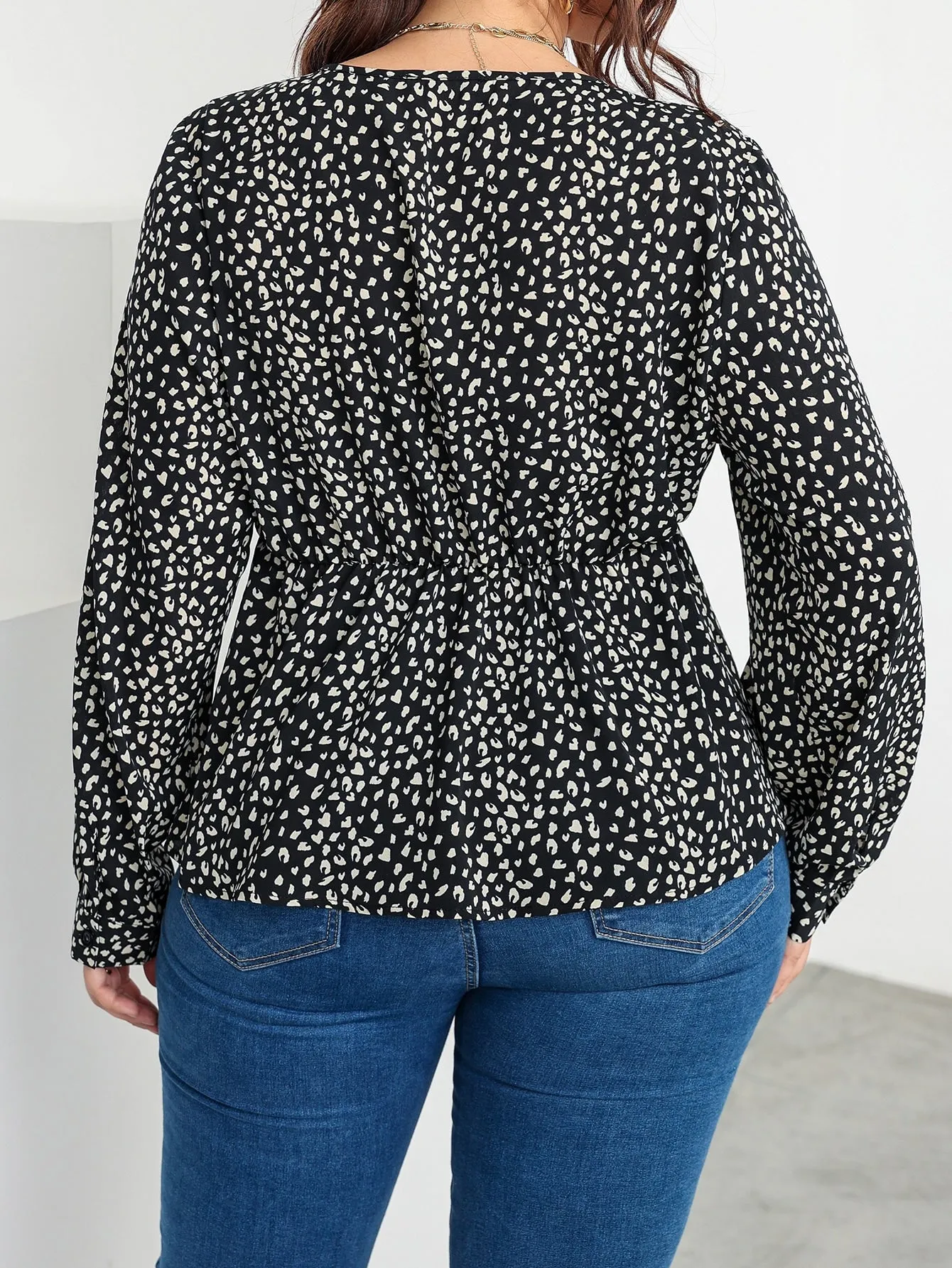 Leopard Wrap Long Sleeve Deep V Neck Flared Regular Plus Size Blouse