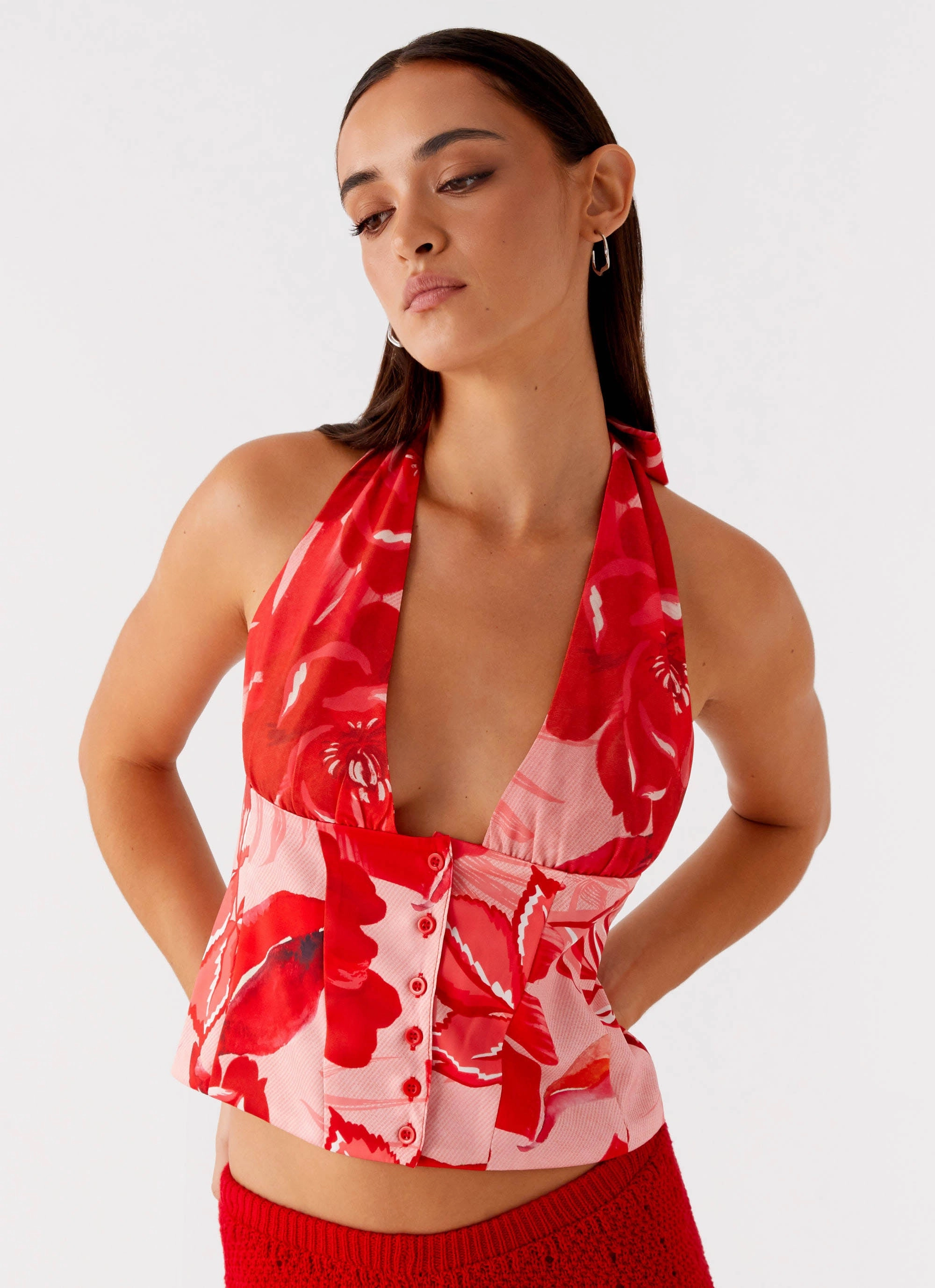 Lets Pretend Halterneck Top - Sicily Sunsets Print Smooth Seam Transition